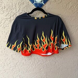 Cropped Flame Graphic Tee - Black with Yellow & Red Flames